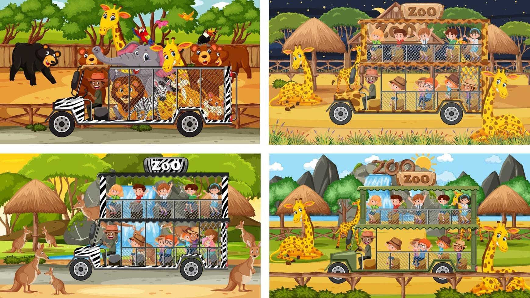 Set of different safari scenes with animals and kids cartoon character vector