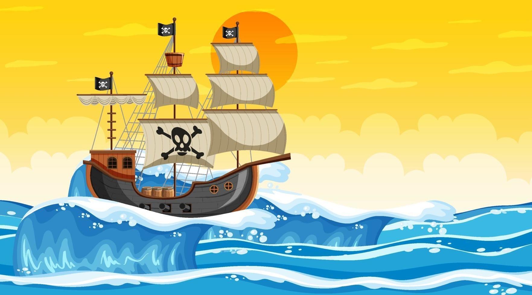 Ocean scene at sunset time with Pirate ship in cartoon style vector