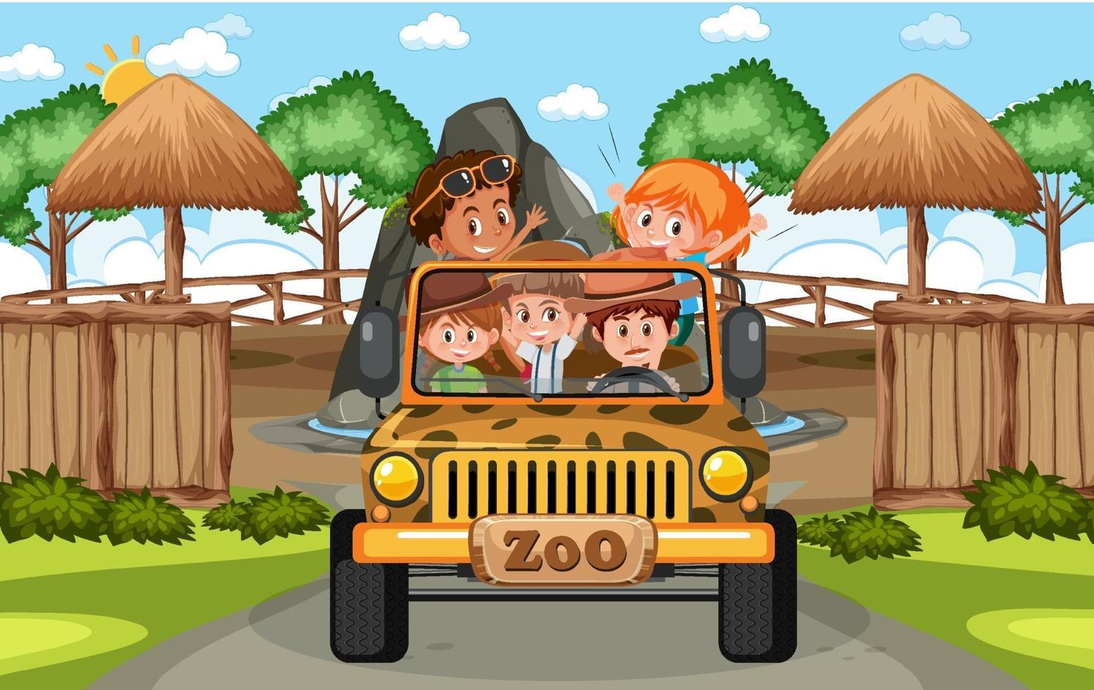 Los niños en el automóvil turístico exploran la escena del zoológico. vector