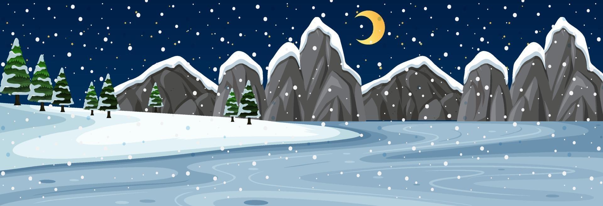 escena horizontal de nieve con paisaje de montaña en la noche vector