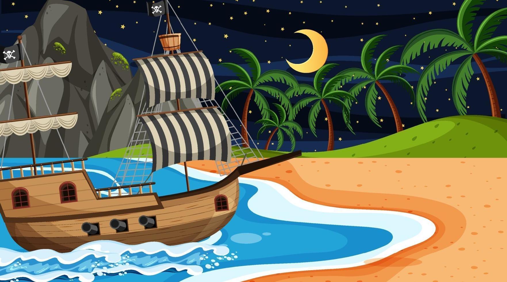 Ocean with Pirate ship at night scene in cartoon style vector