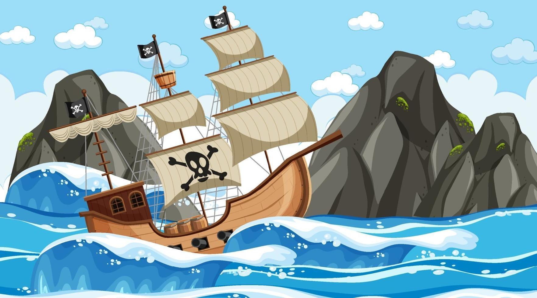 Ocean with Pirate ship at day time scene in cartoon style vector