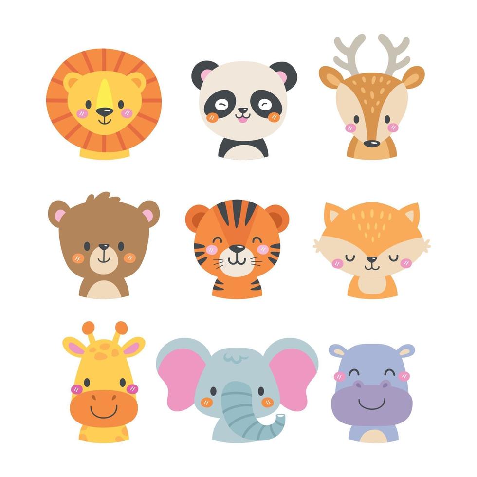 lindas caras de animales dibujadas a mano vector