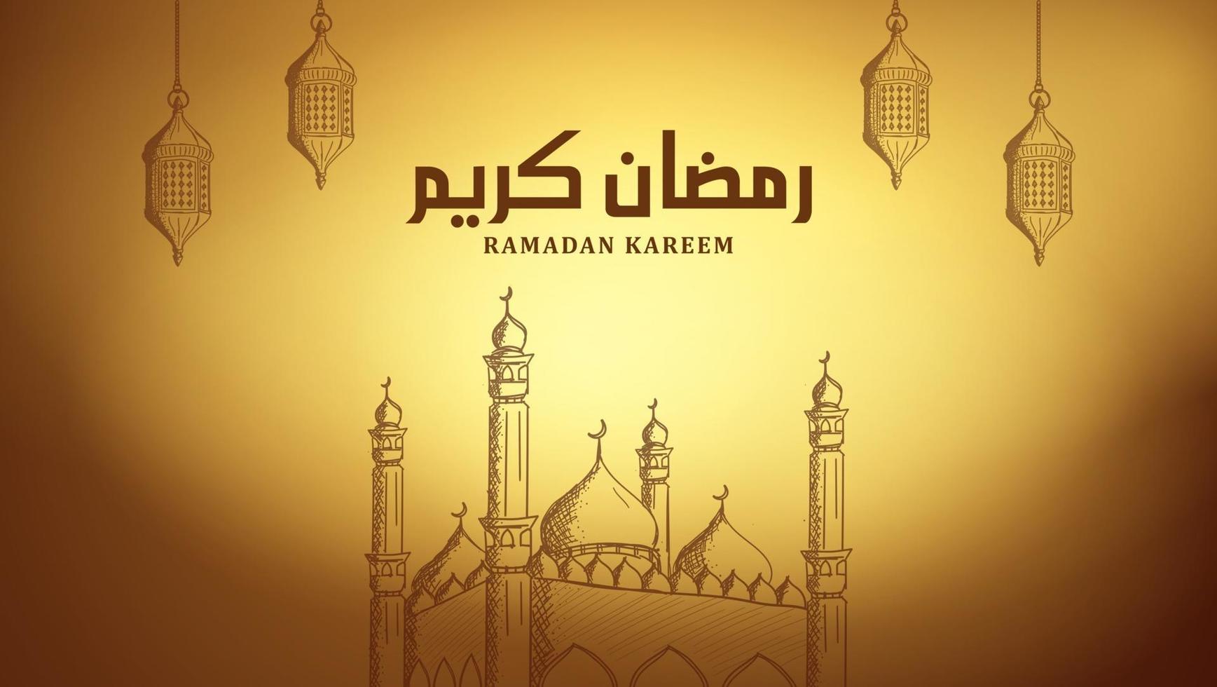 Arabic calligraphy Ramadan kareem background with mosque and lantern hand drawn illustration vector