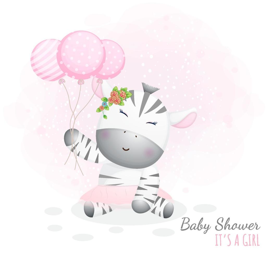 baby shower es una niña. lindo bebé cebra sosteniendo globos vector premium
