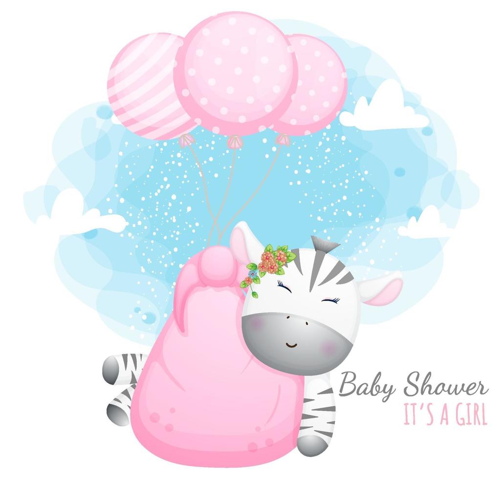 Baby shower it's a girl. Cute baby zebra with balloons Premium Vector