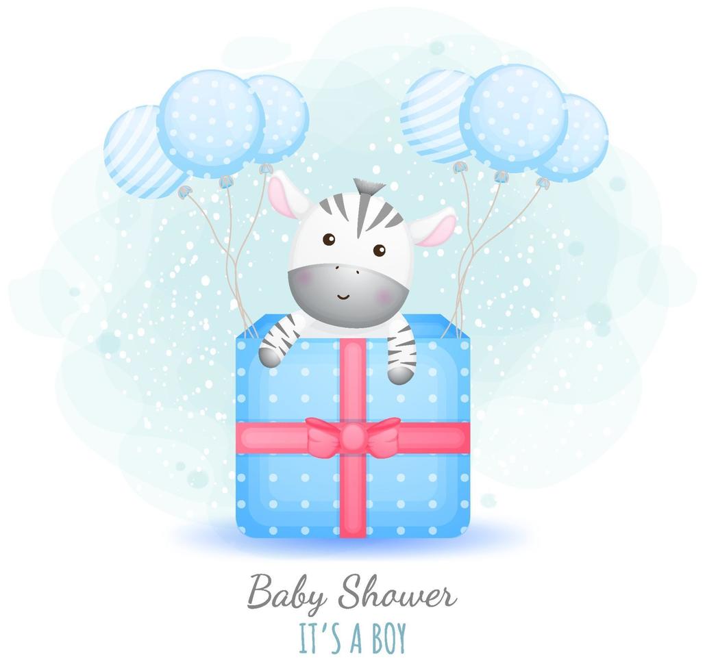 baby shower es un niño. lindo bebé cebra en una caja de regalo con globos vector premium