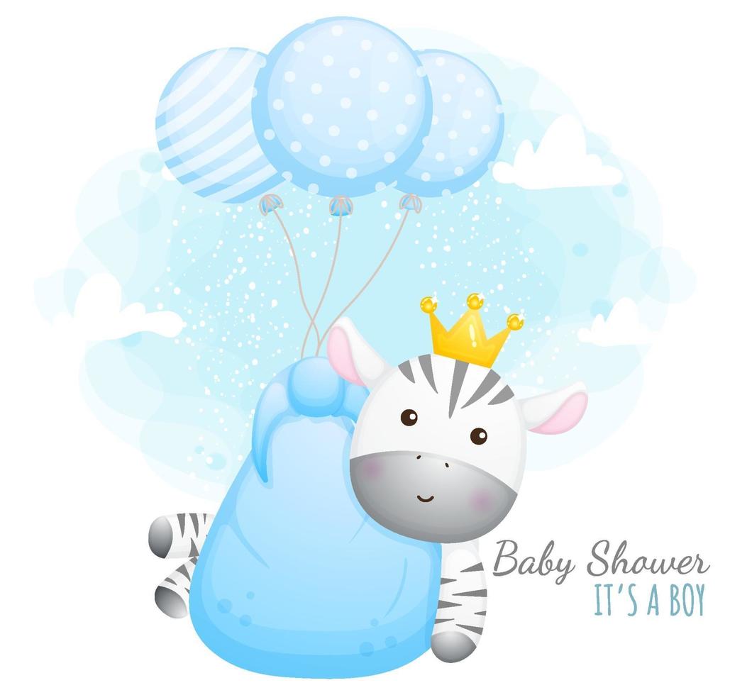 Baby shower it's a boy. Cute baby zebra with balloons Premium Vector