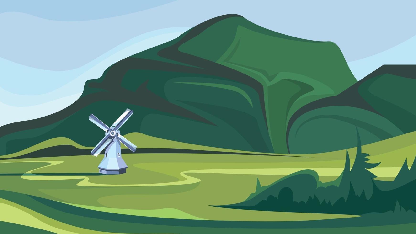 Windmill on the background of green mountains vector