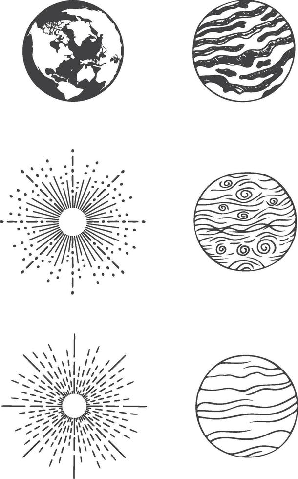 vector de planetas y rayos de sol dibujados a mano