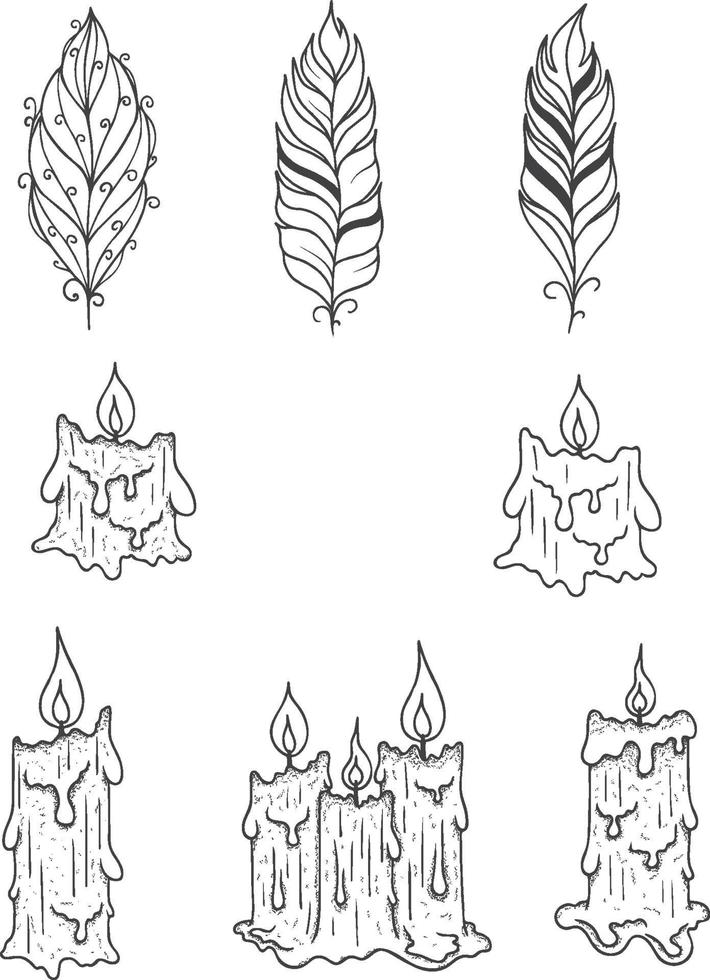 Hand Drawn Feathers And Candles Vector