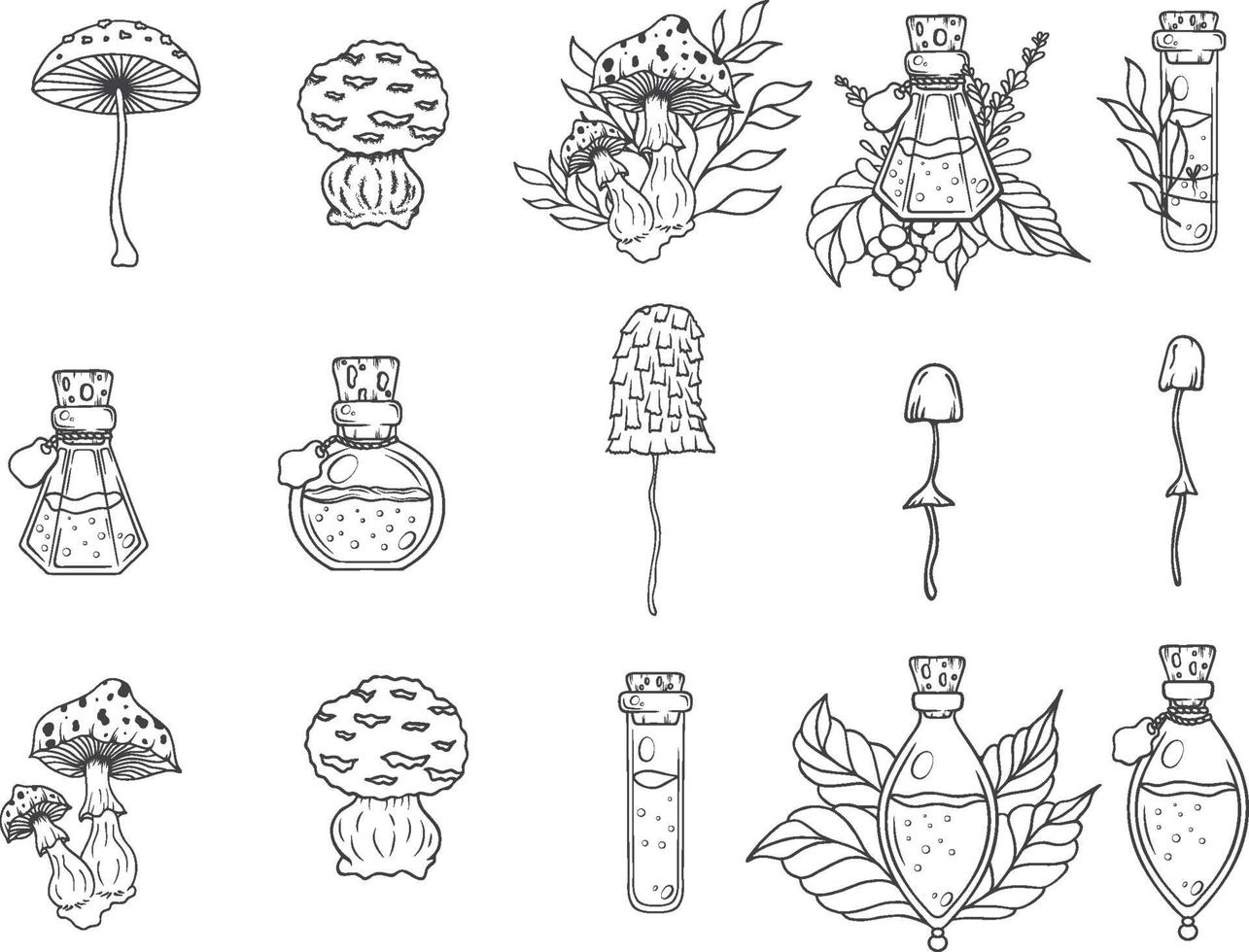 Hand Drawn Potions And Mushrooms Set Vector