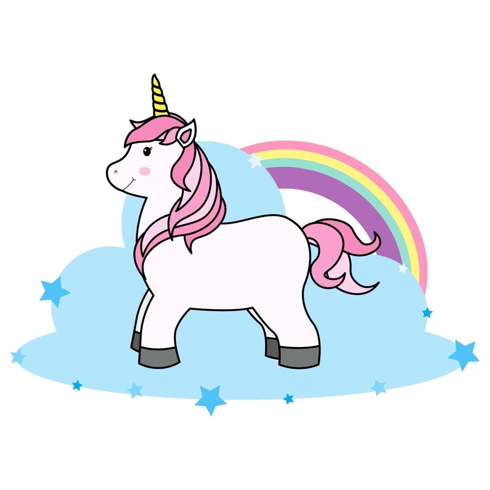 lindo unicornio de dibujos animados en la nube y el arco iris para imprimir camiseta o pegatina, fondo de papel tapiz e ilustración de dibujo a mano para niños vector