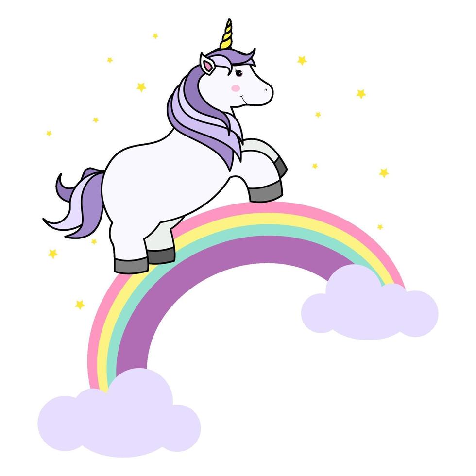 lindo unicornio de dibujos animados en la nube y el arco iris para imprimir camiseta o pegatina, fondo de papel tapiz e ilustración de dibujo a mano para niños vector