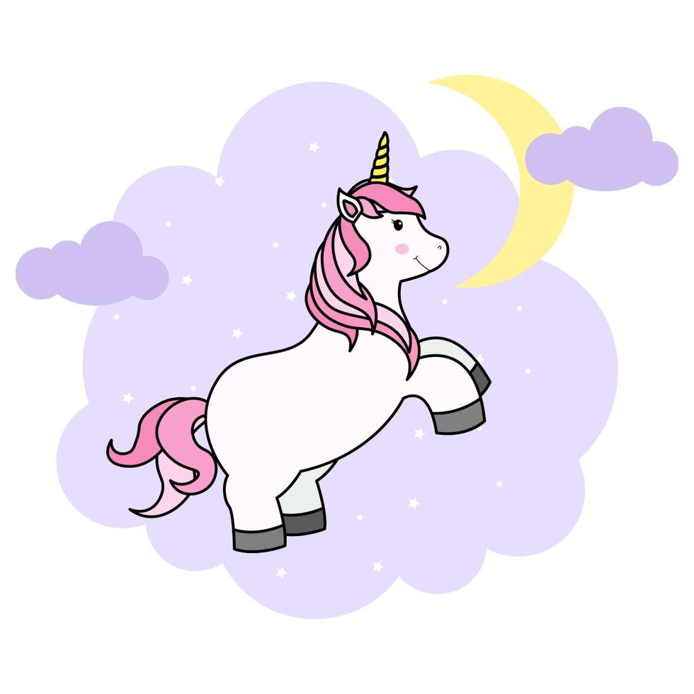 lindo unicornio de dibujos animados en la nube y el arco iris para imprimir camiseta o pegatina, fondo de papel tapiz e ilustración de dibujo a mano para niños vector