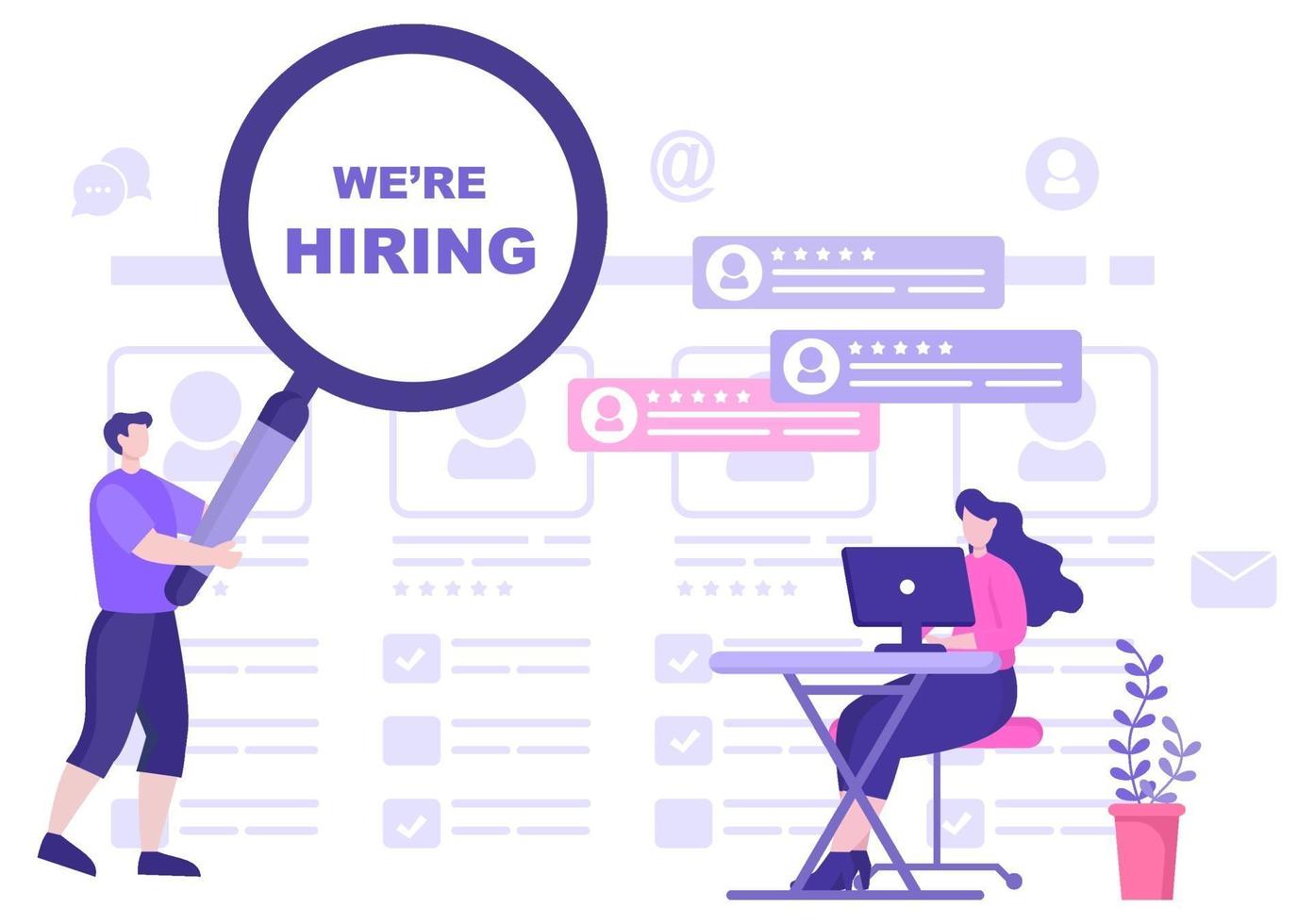 Job Hiring And Online Recruitment For web Landing Page, Banner, Background, Presentation Or Social Media. Vector Illustration