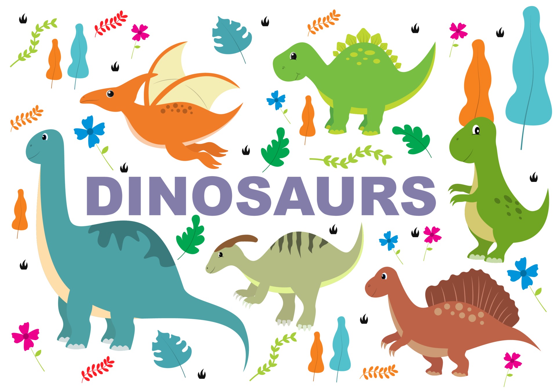 Ilustração De Personagens De Desenhos Animados De Dinossauros Bonitos Como  Spinosaurus, Parasaurolophus, Stegosaurus, Tyrannosaurus, Pterodactyl E  Diplodocus. Royalty Free SVG, Cliparts, Vetores, e Ilustrações Stock. Image  168113747