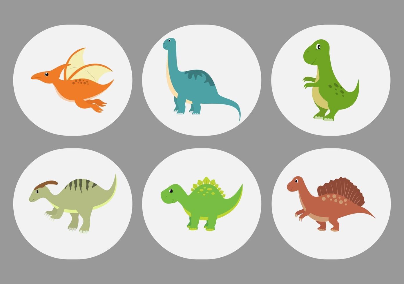 Ilustración de personajes de dibujos animados de dinosaurios lindos como spinosaurus, parasaurolophus, estegosaurio, tiranosaurio, pterodáctilo y diplodocus vector