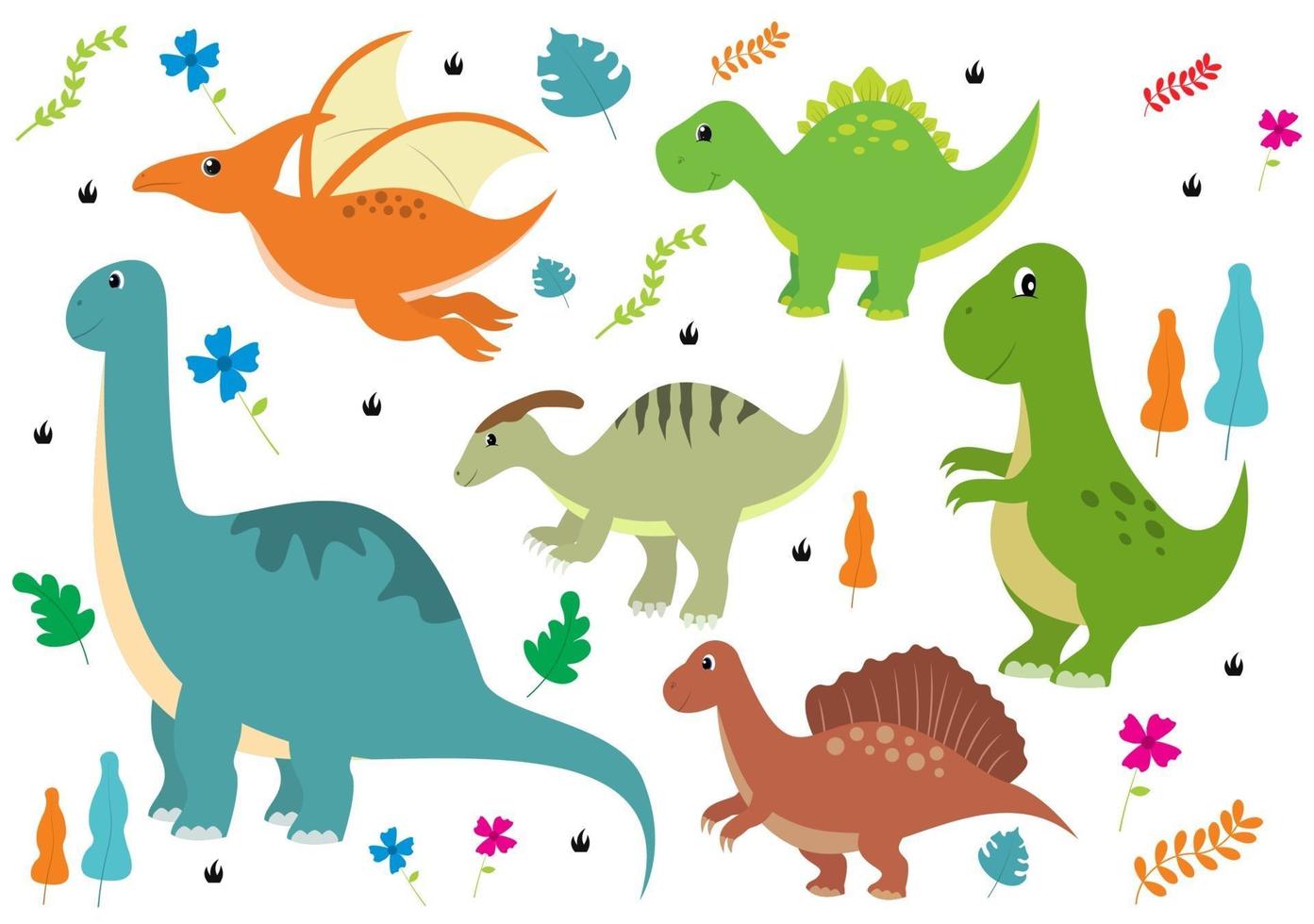 Cute Dinosaurs Cartoon Characters Illustration as Spinosaurus, Parasaurolophus, Stegosaurus, Tyrannosaurus, Pterodactyl, and Diplodocus vector