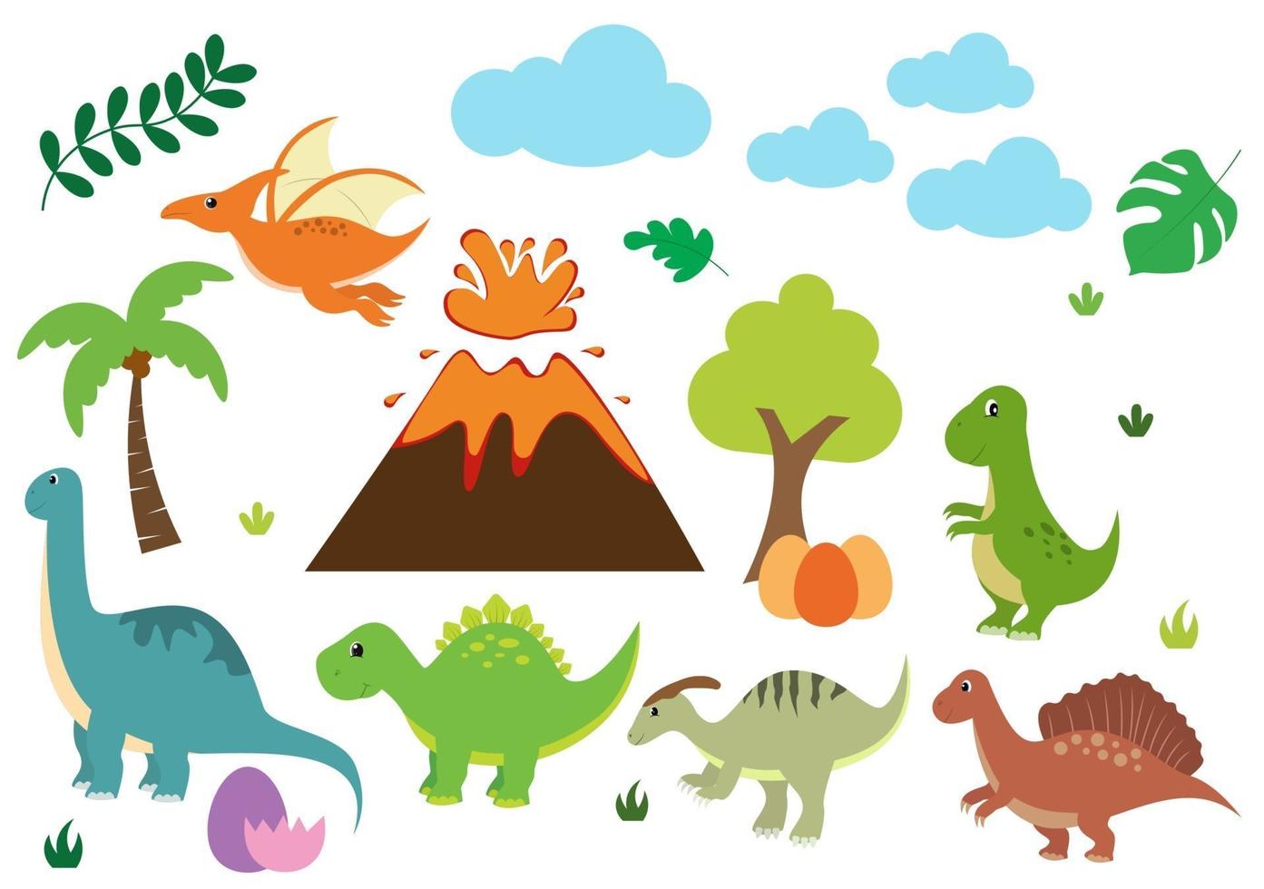 Ilustración de personajes de dibujos animados de dinosaurios lindos como spinosaurus, parasaurolophus, estegosaurio, tiranosaurio, pterodáctilo y diplodocus vector