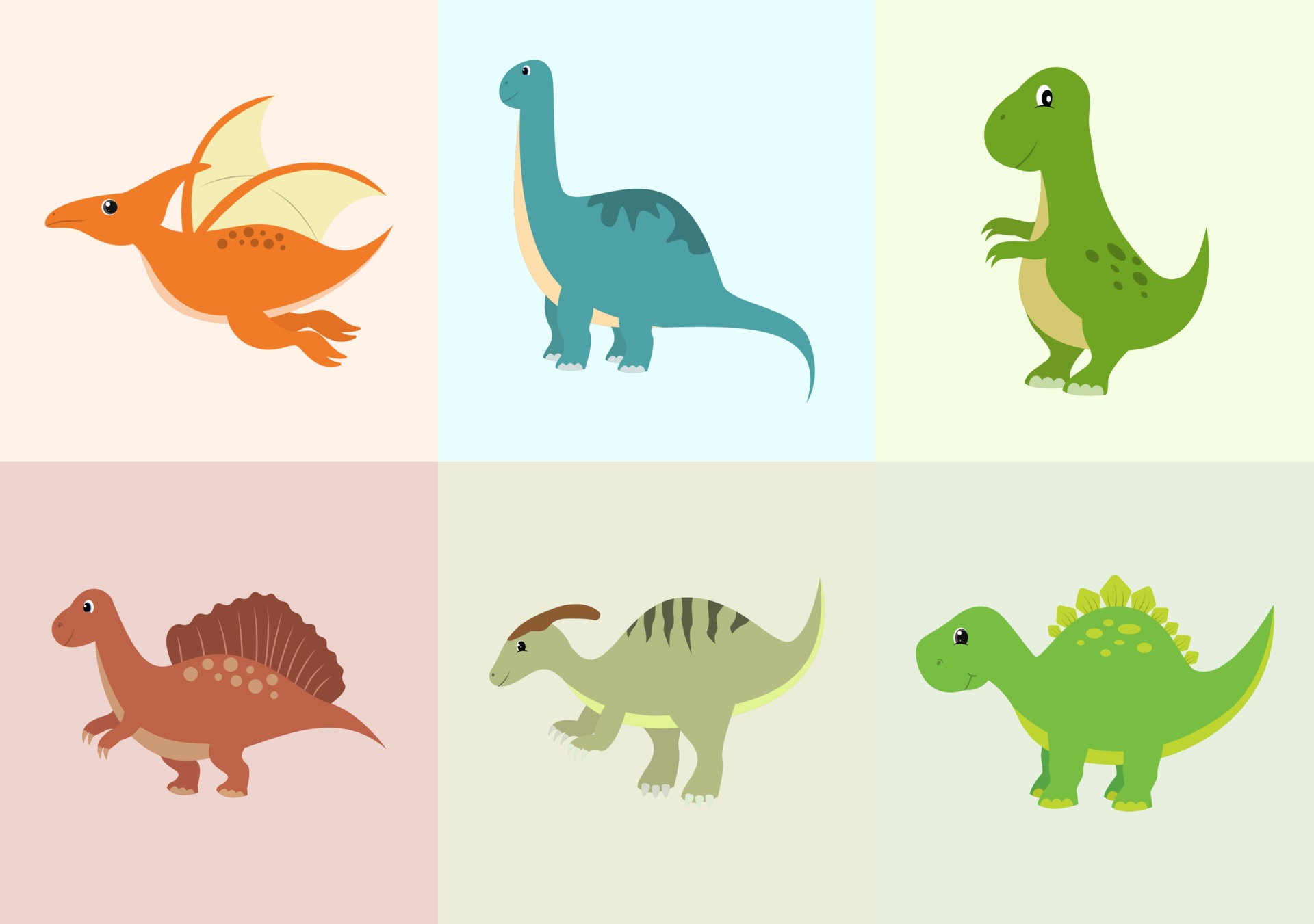 Cute Dinosaurs Cartoon Characters Illustration as Spinosaurus,  Parasaurolophus, Stegosaurus, Tyrannosaurus, Pterodactyl, and Diplodocus  2372738 Vector Art at Vecteezy