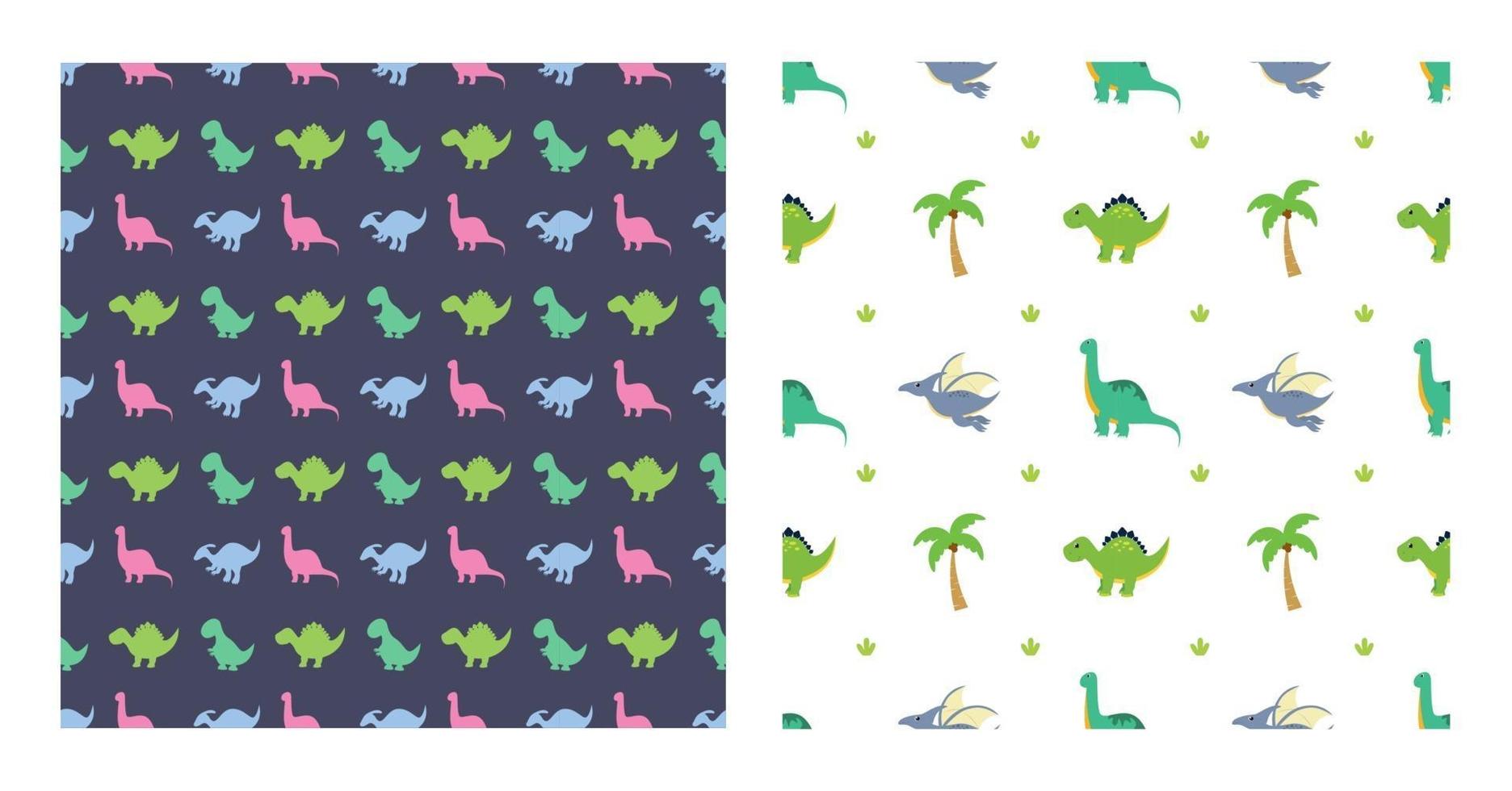 Cute Cartoon Dinosaurs Seamless Pattern as Spinosaurus, Parasaurolophus, Stegosaurus, Tyrannosaurus, Pterodactyl, and Diplodocus To Wallpaper Background or Posters. Illustration vector
