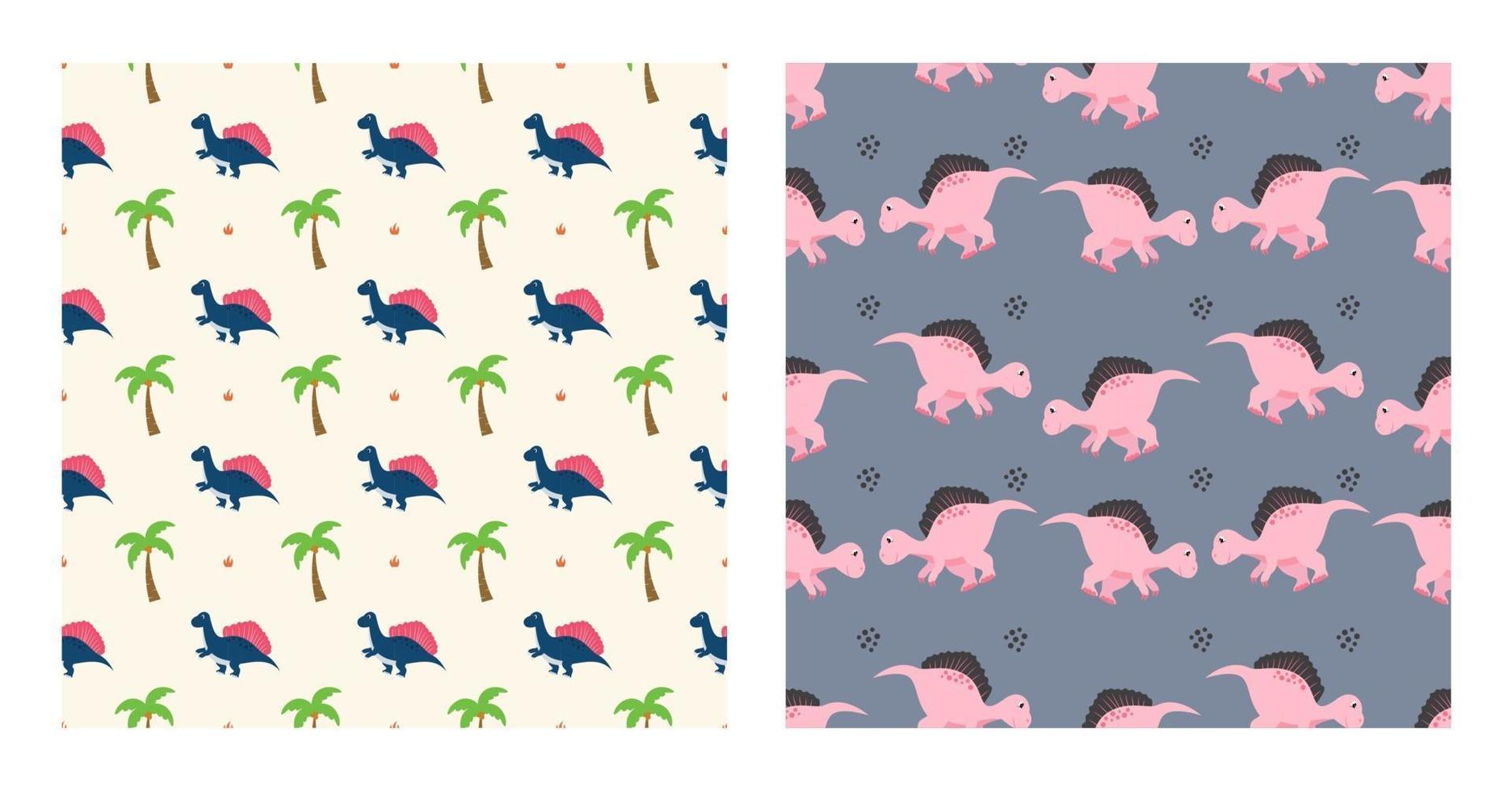 Cute Cartoon Characters Stegosaurus Dinosaurs With Seamless Pattern To Wallpaper Background, Posters, or Banner Template. Vector Illustration