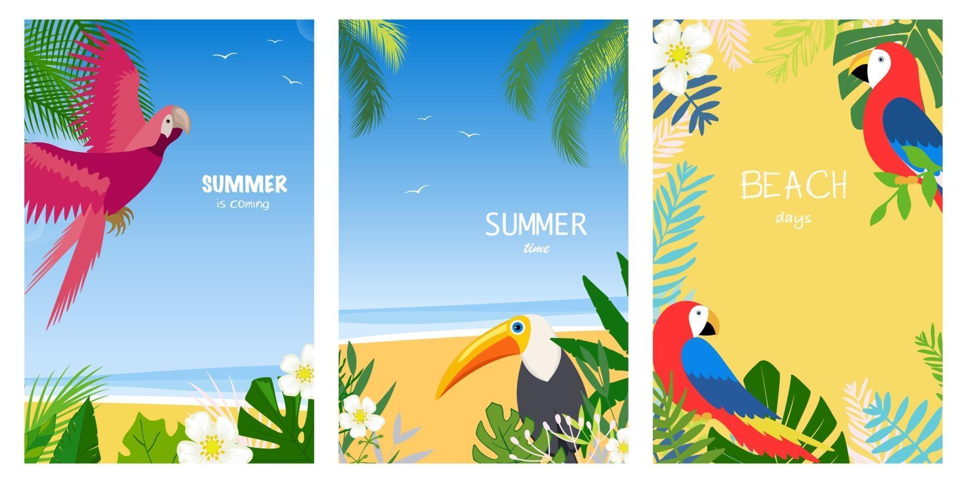 conjunto de tarjetas de vacaciones de verano. ilustración vectorial de diseño plano. vacaciones de verano y cosas y artículos de vacaciones en la playa. diseño con hojas exóticas, flores, palmeras y aves. vector