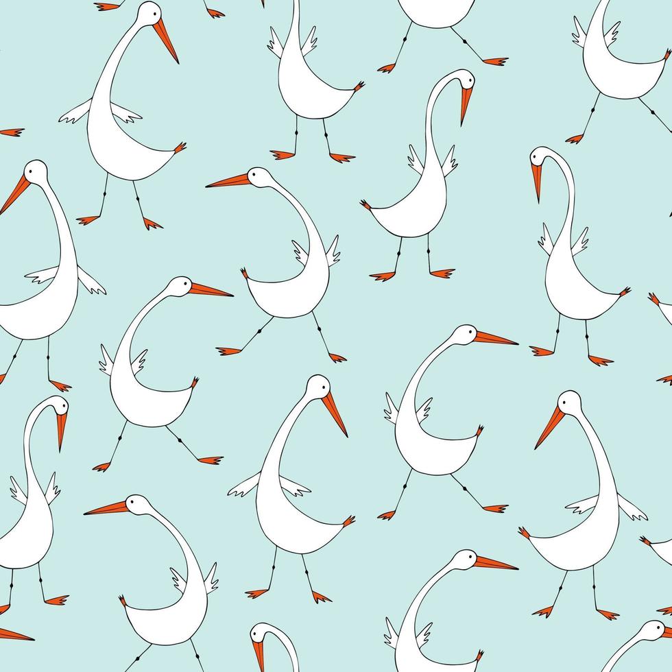 Cute geese seamless pattern, cartoon hand drawn Geese doodles vector background Illustration. Funny print for child's clothes.