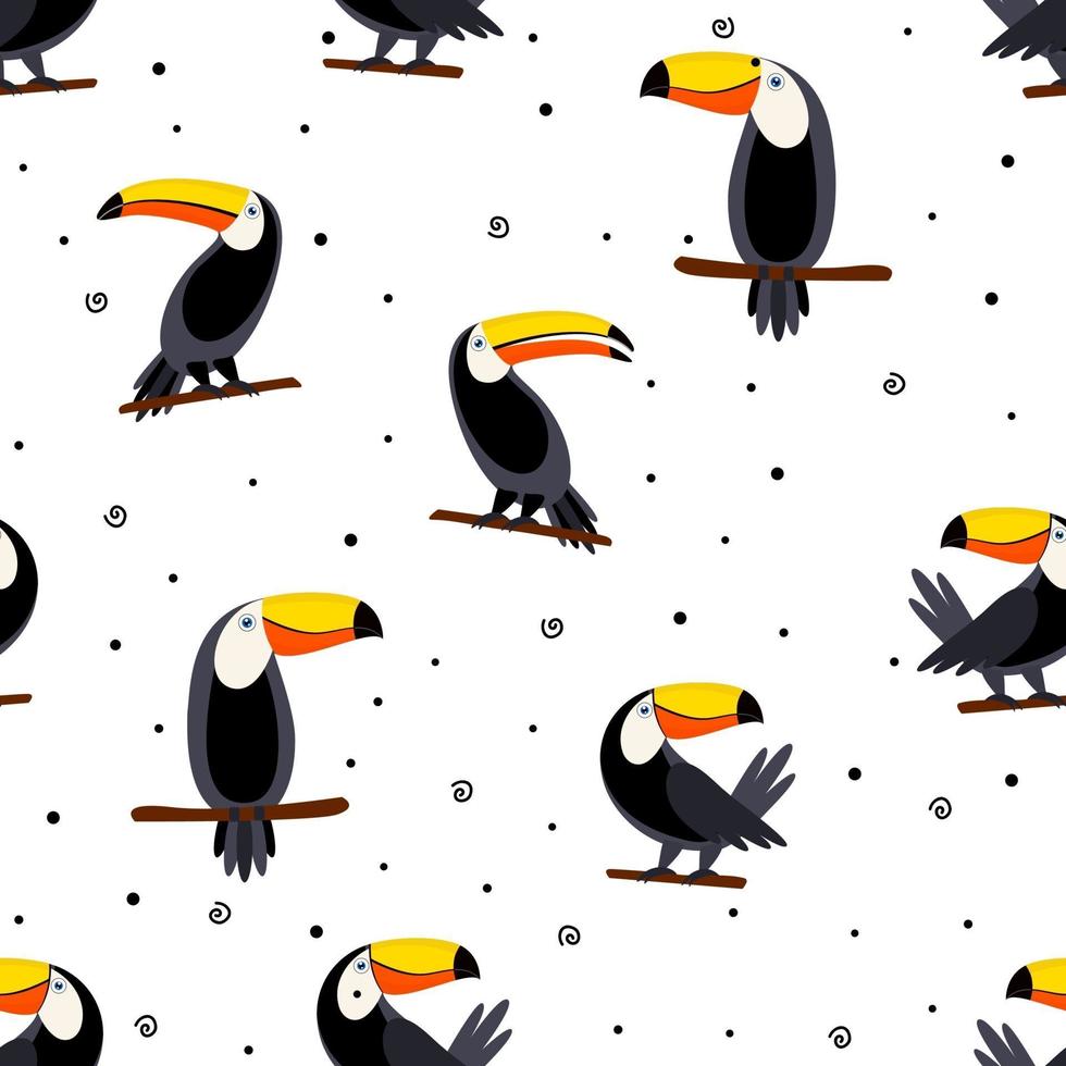 Vector summer background. Toucans on dot background. Summer print, paper or textile design. Element of seamless pattern. Funny pattern for fabric.