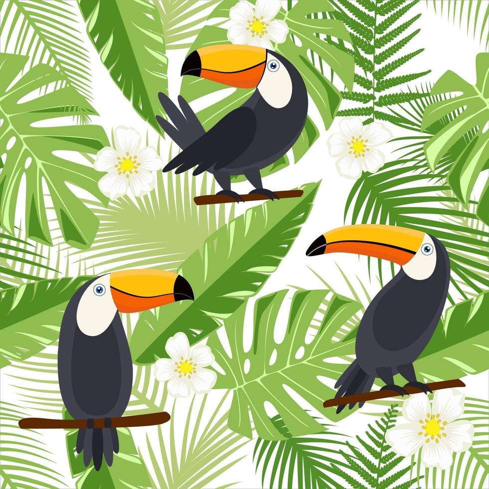 Floral background with tropical flowers, leaves and toucans. Vector seamless pattern for stylish fabric design.