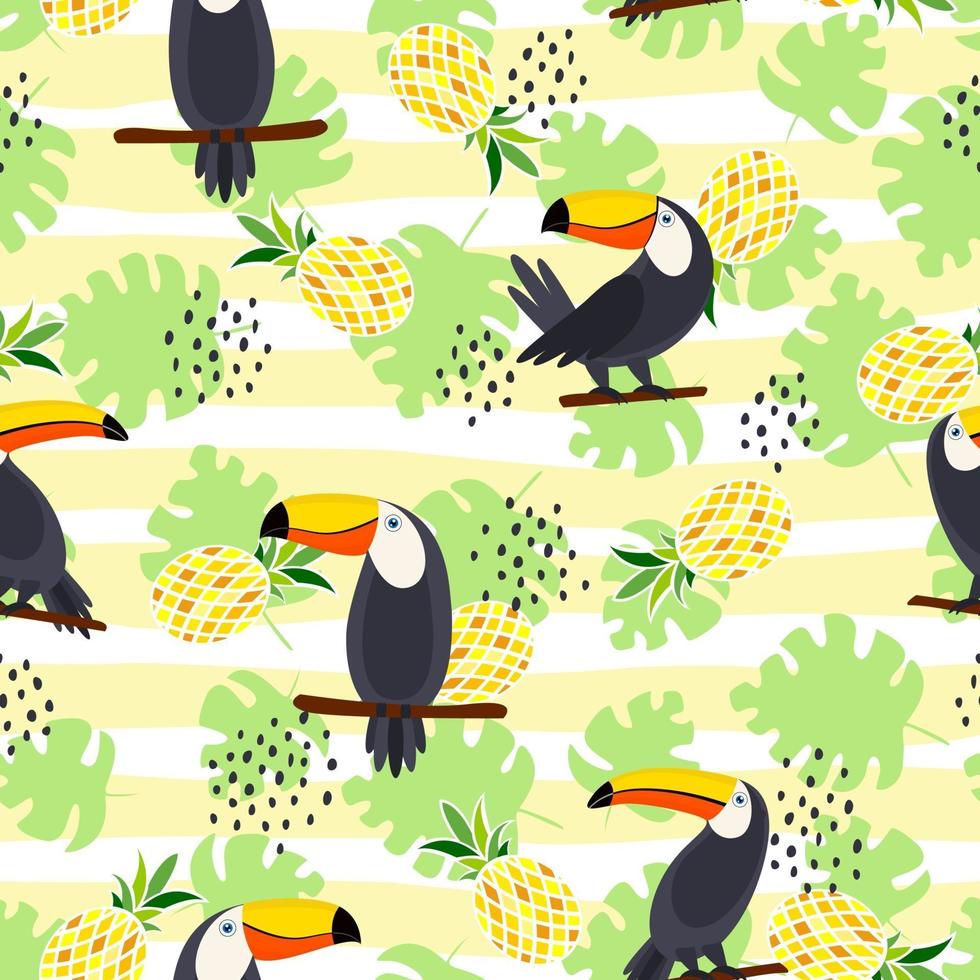 Toucan, exotic birds, tropical palm leaves and pineapple. Beautiful seamless vector floral pattern background. Vector seamless pattern for stylish fabric design, paper, web.