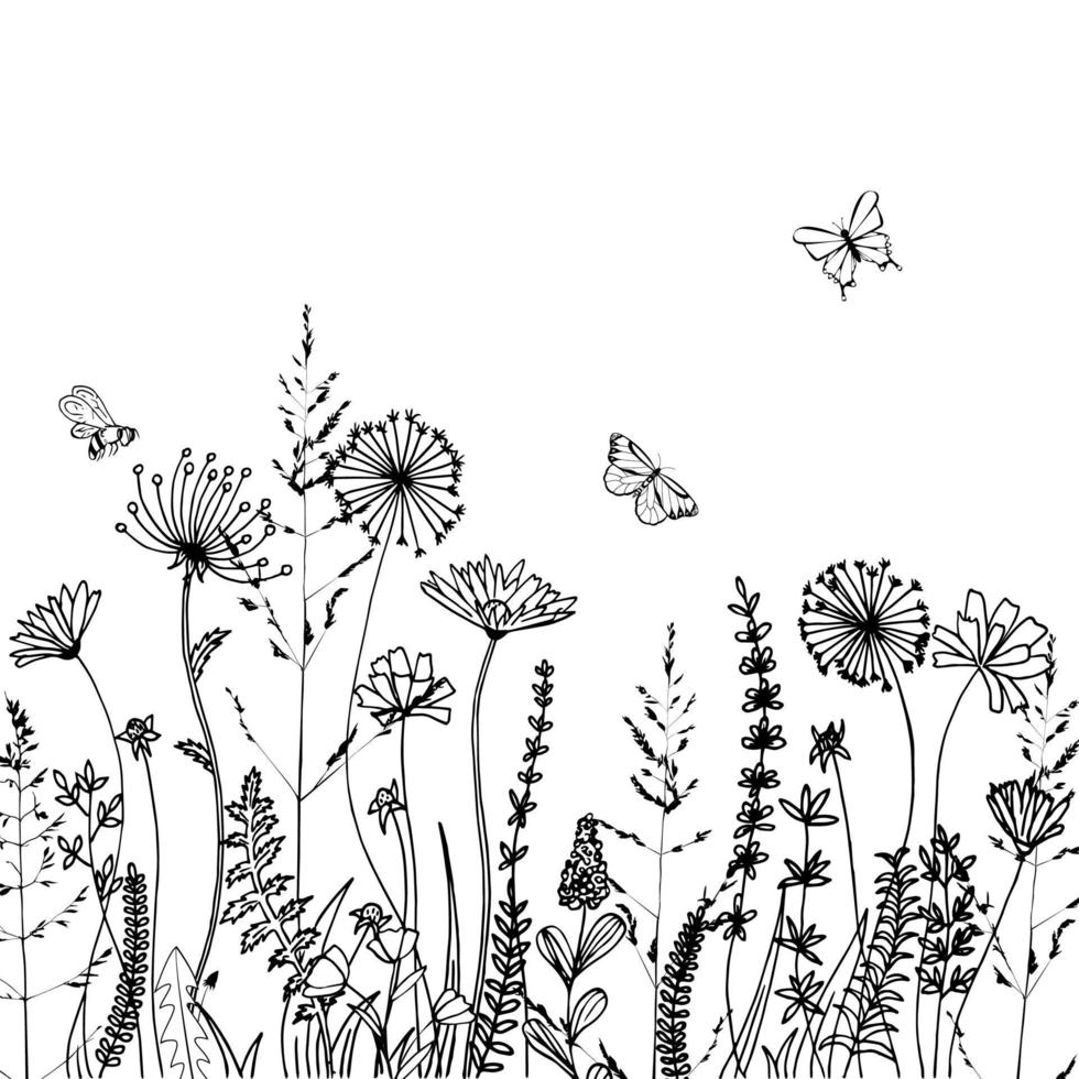 siluetas negras de hierba, picos y hierbas aisladas sobre fondo blanco. boceto dibujado a mano flores y abejas. diseño de páginas de libros para colorear, elementos para la decoración del hogar y textiles. vector