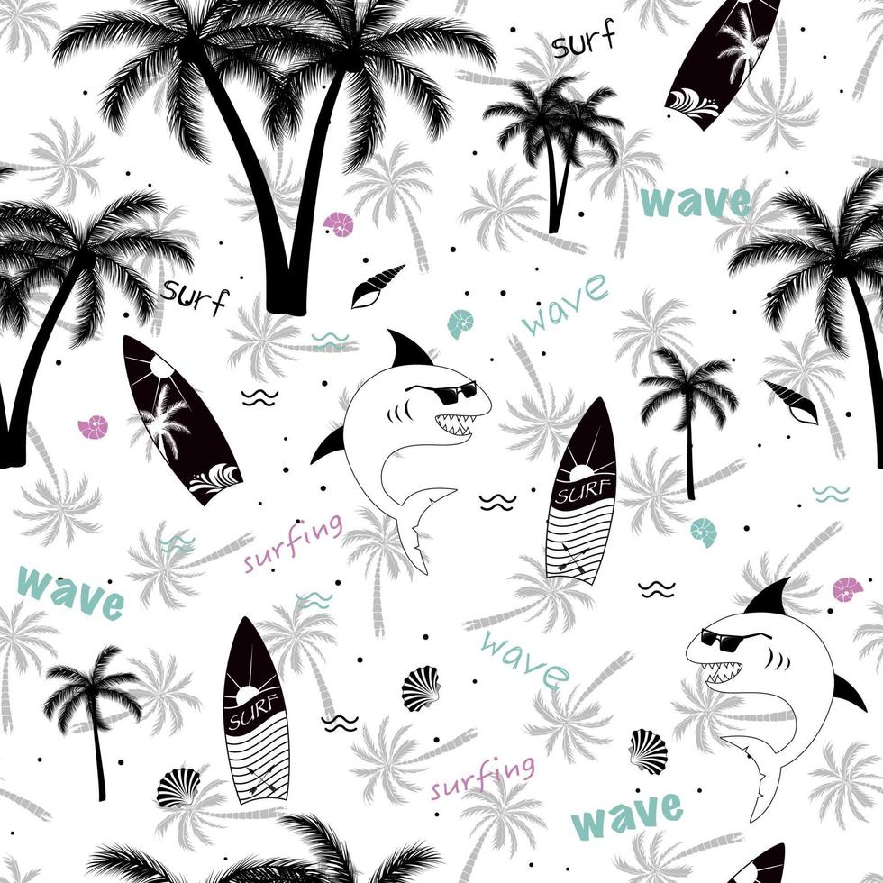 Summer funny seamless pattern design. Shark with sunglasses, palm tree, surfboard, wave and seashell. vector