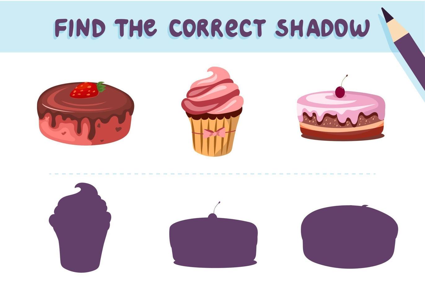 Find the correct shadow. Desserts. Sweet cake and cupkake. Educational game for kids. Collection of children's games. Vector illustration in cartoon style
