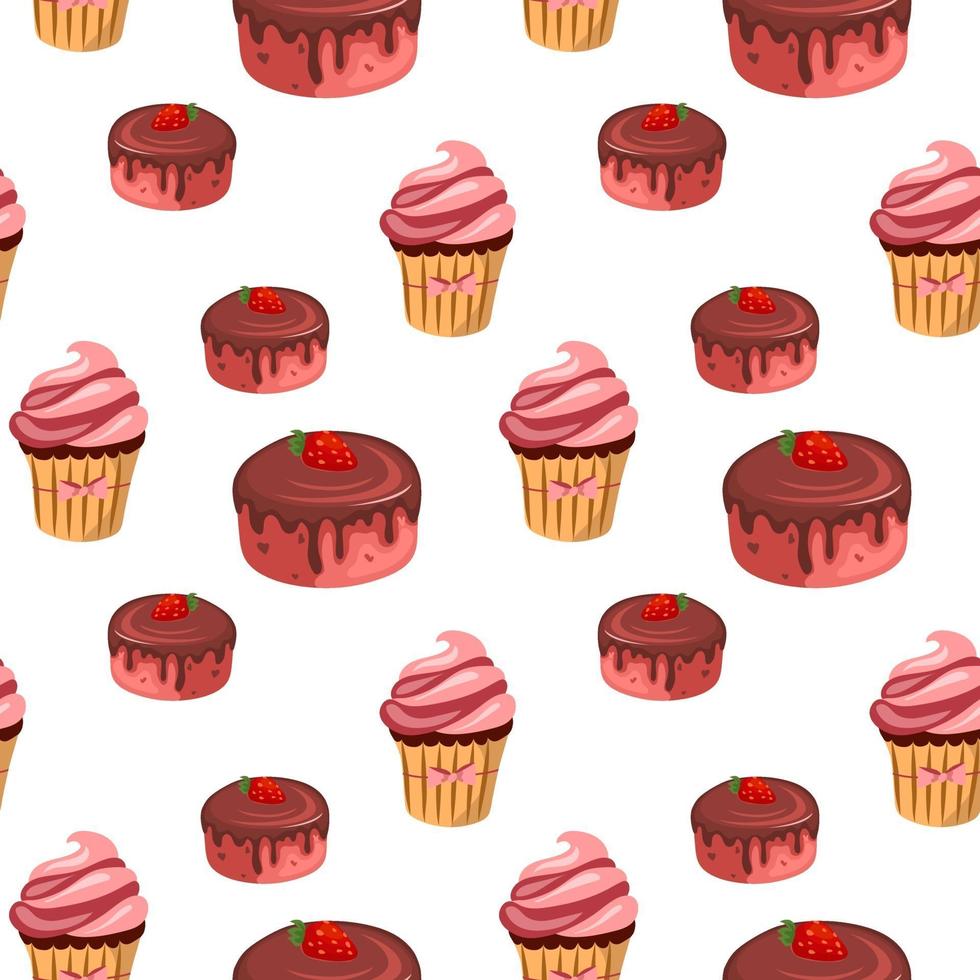 Seamless pattern with chocolate cake and cupcakes. Sweet dessert, endless texture. Vector illustration