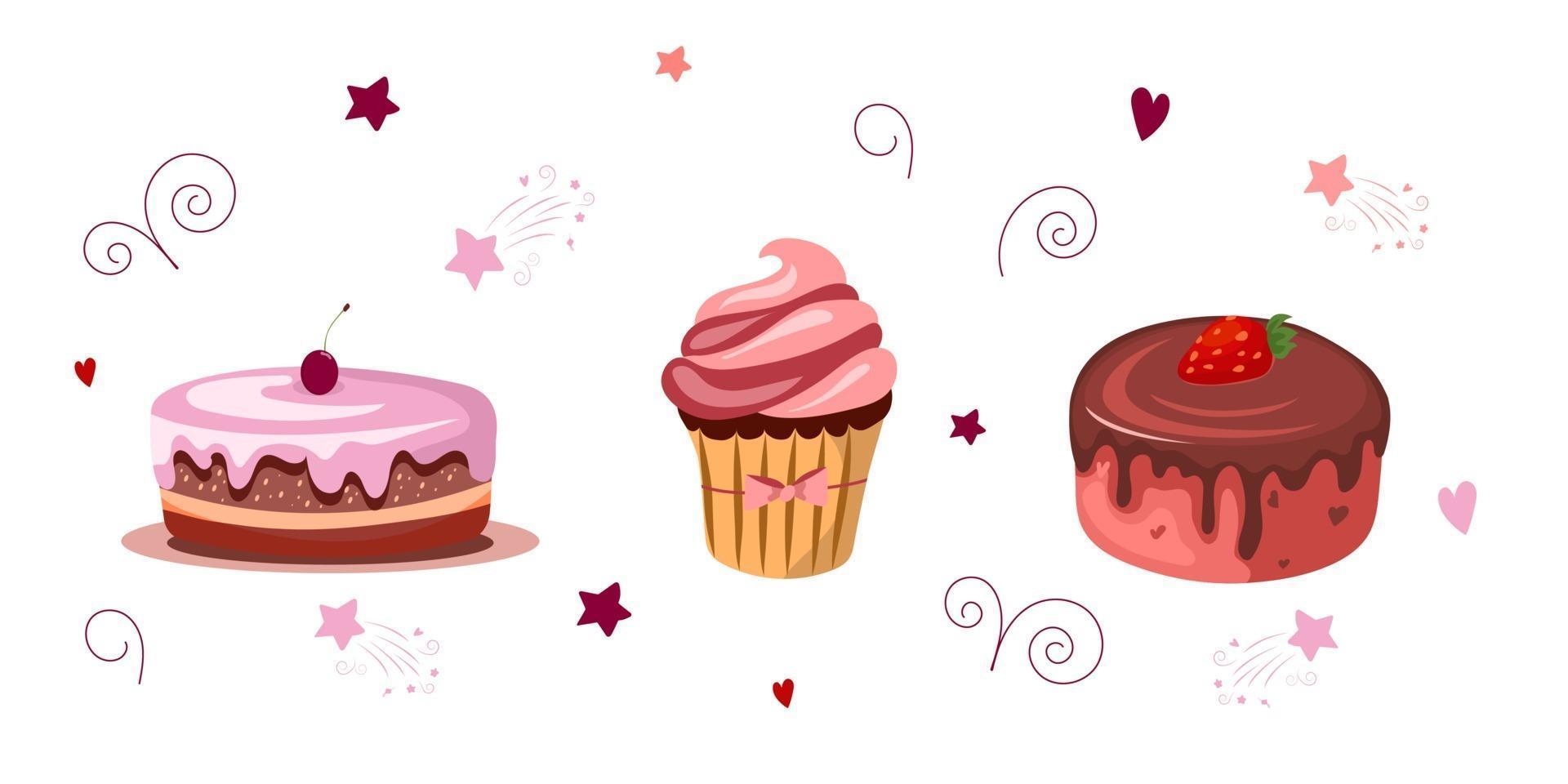 Set of sweet desserts. Cakes with chocolate, strawberries, cherries, cupcake. Vector illustration isolated on white background. Cartoon style