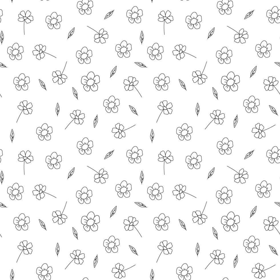 Black and white floral seamless pattern with leaves and buds. Vector illustration in outline handdrawn style