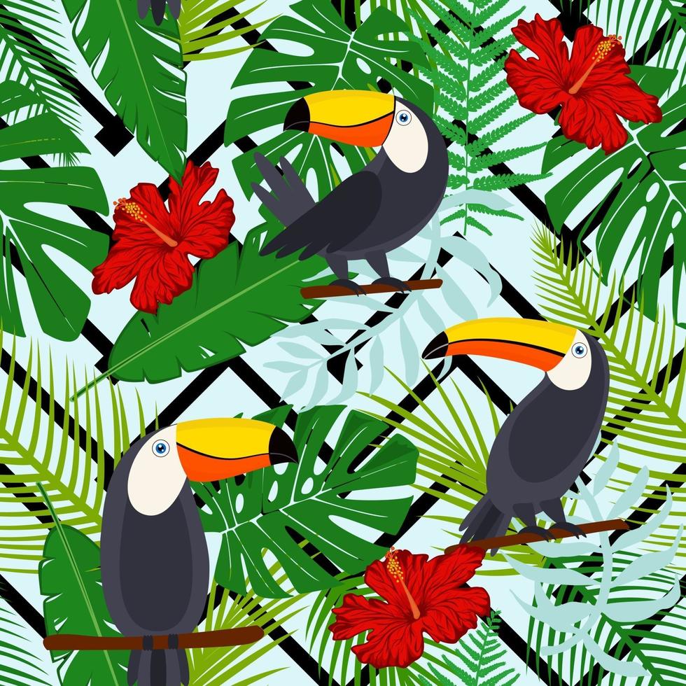 tucán, aves exóticas, hojas de palmeras tropicales, selva y flores. fondo hermoso del modelo floral inconsútil del vector. patrón transparente de vector para diseño de tela con estilo, papel, web.