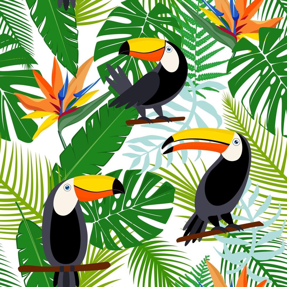 Toucan, exotic birds, tropical palm leaves, jungle and flowers. Beautiful seamless vector floral pattern background. Vector seamless pattern for stylish fabric design, paper, web.