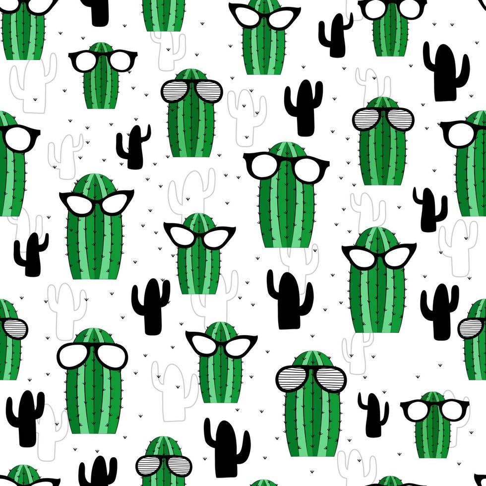 Cacti with sunglasses seamless pattern. Hand drawn textured decorative illustration. Vector succulents. Vector seamless pattern for stylish fabric design, paper, web.