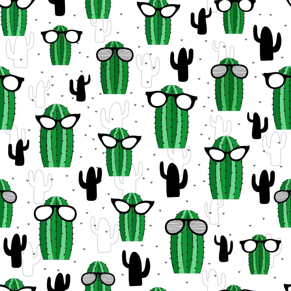 cactus con gafas de sol de patrones sin fisuras. dibujado a mano ilustración decorativa con textura. suculentas vectoriales. patrón transparente de vector para diseño de tela con estilo, papel, web.