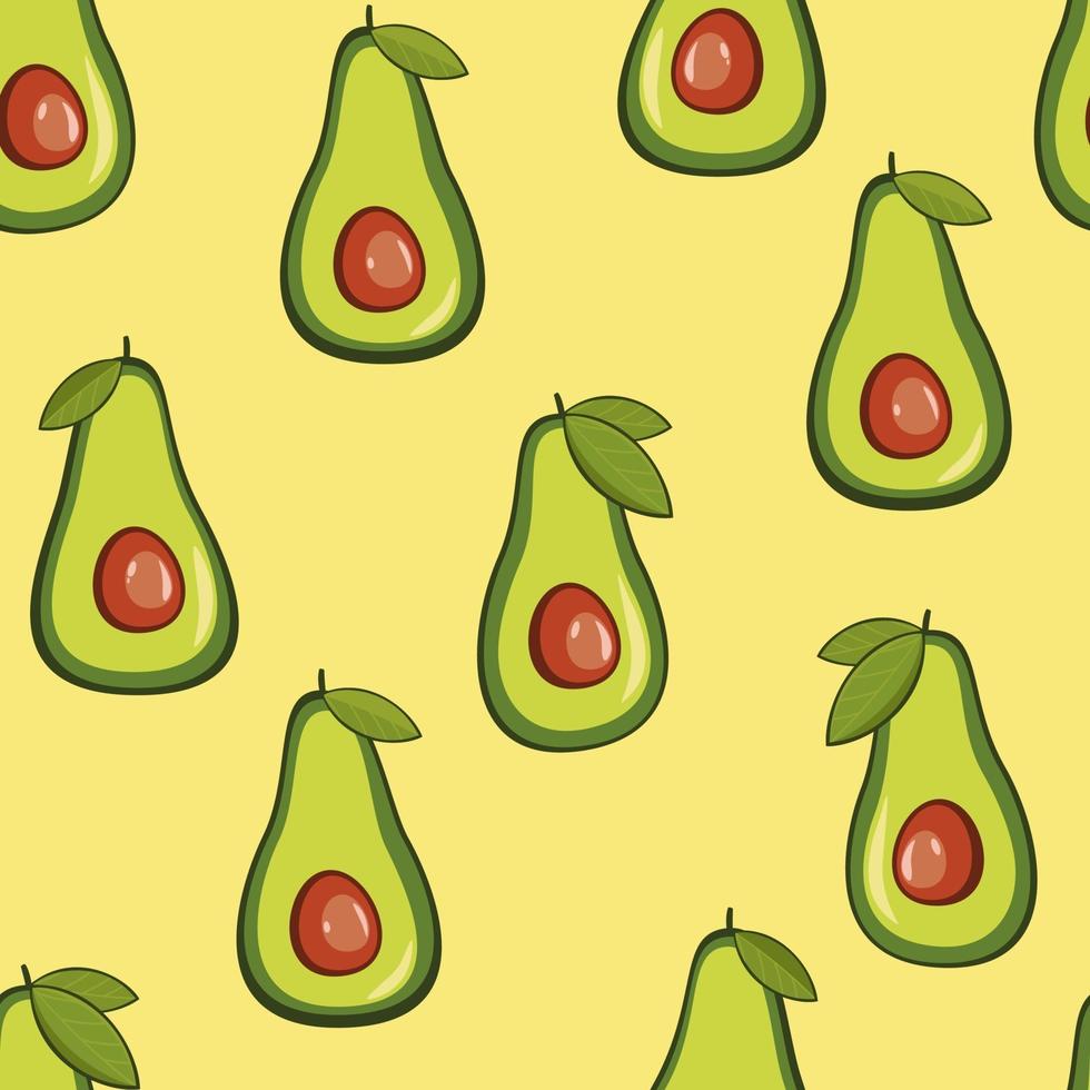 vector de fondo sin fisuras con la fruta de aguacate sobre un fondo amarillo. textura para alimentos ecológicos y saludables de patrones sin fisuras para la cocina, para imprimir en textiles y estuches para teléfonos.