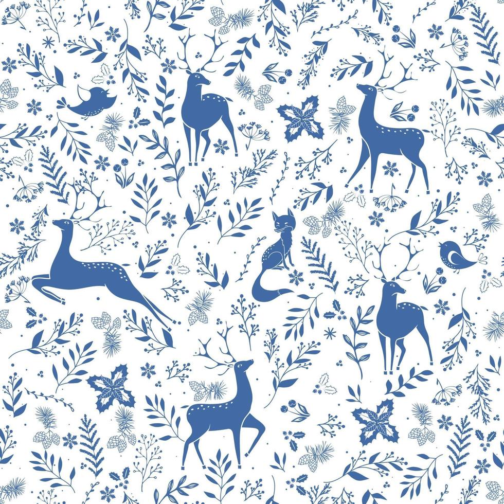 Winter seamless vector pattern with holly berries, deer, fox, bird and christmas branch. Part of Christmas backgrounds collection. Can be used for wallpaper, pattern fills, surface textures, fabric prints.