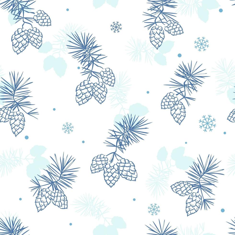 Christmas seamless pattern with pine branches, cones and snowflakes. Vector botanical illustration. Ideal for greeting cards, backgrounds, holiday decor, fabric and phone case.