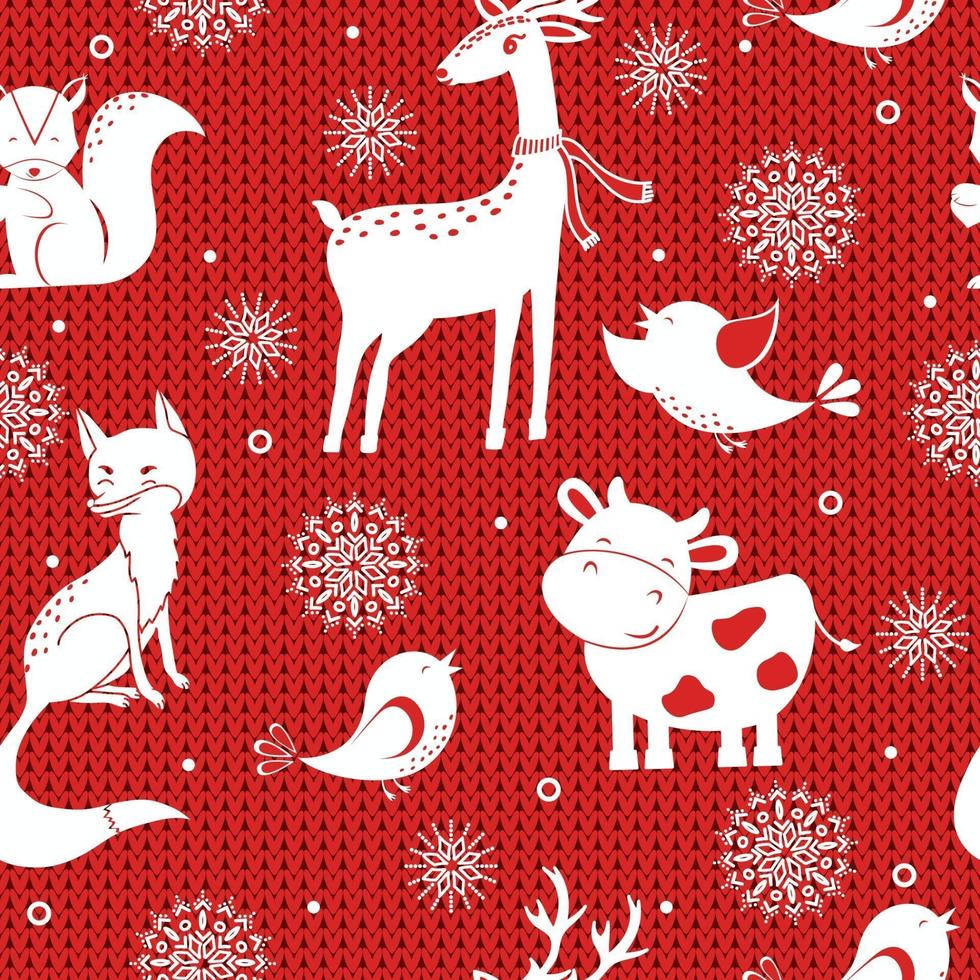 Winter seamless vector pattern with snowflakes, deer, fox, bird and cow. Can be used for wallpaper, pattern fills, surface textures, fabric prints.