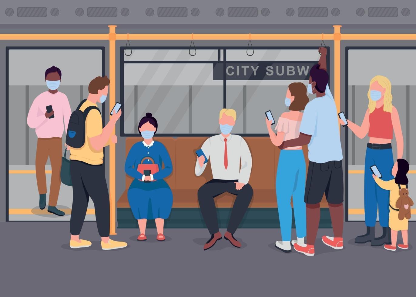 Public transport during epidemic flat color vector illustration