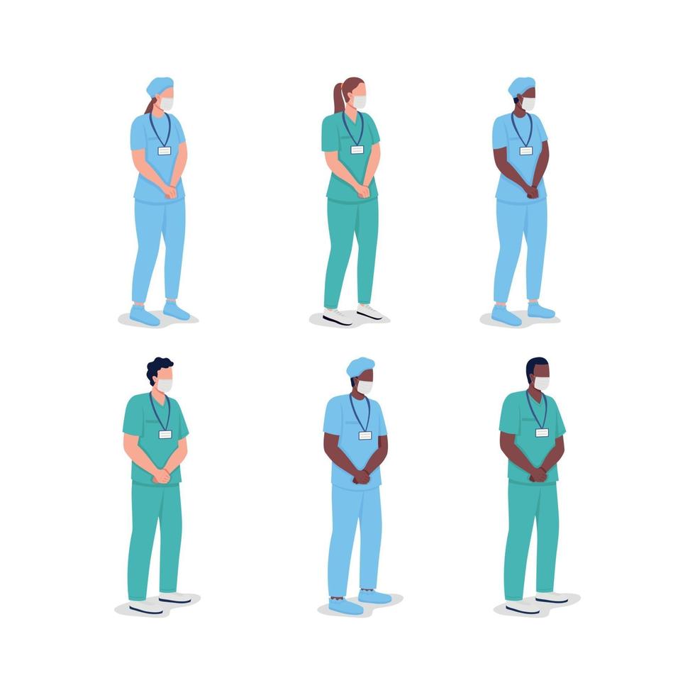 Conjunto de caracteres sin rostro de vector de color plano de médicos multiculturales