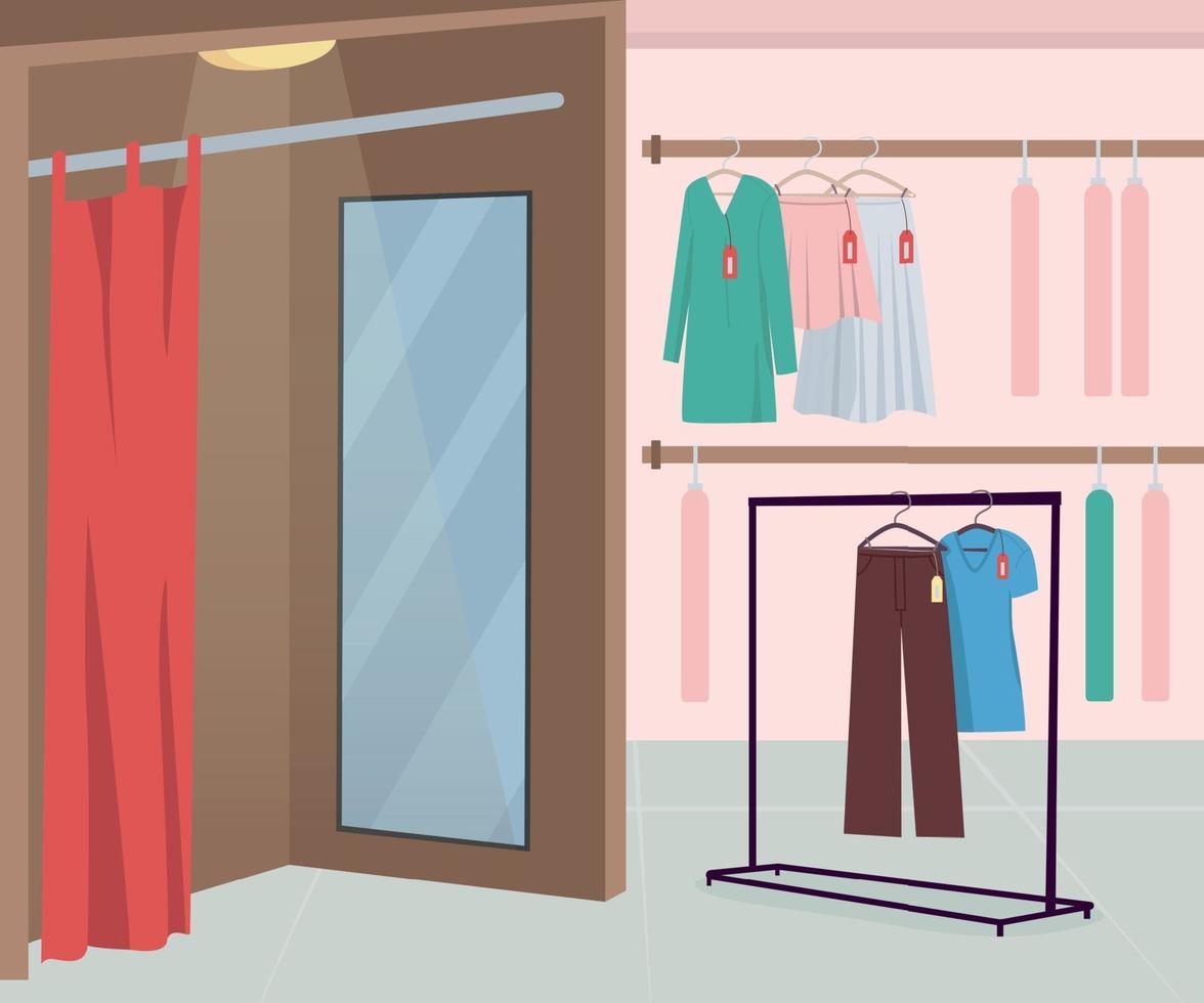 Dressing room in clothing store flat color vector illustration