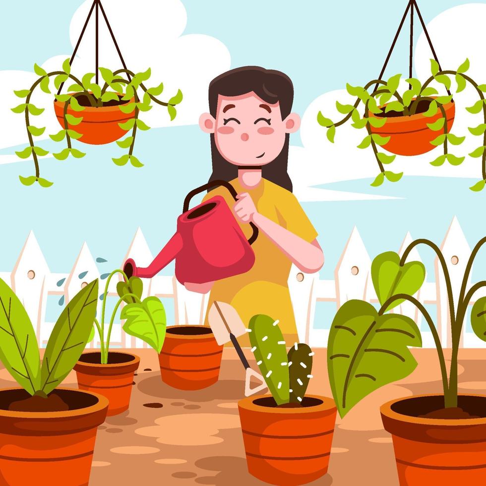 niña feliz regando las plantas vector